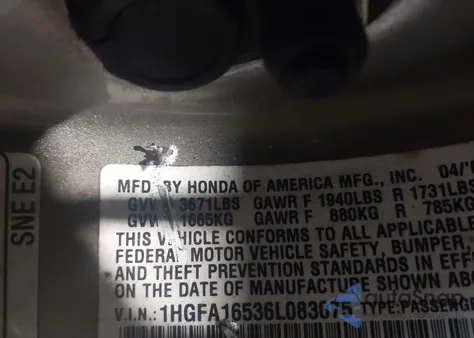 2006 Honda Civic Lx from USA, damaged, VIN 1HGFA16536L083075